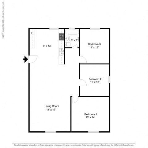 Floor plan for 3 beds, 1 bath, 860 sqft